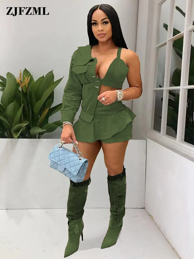 

Vintage 2 Piece Matching Sets for Female Asymmetrical Design Tops and Ruffles Spliced Mini Skirts Streetwear Club Party Clothing