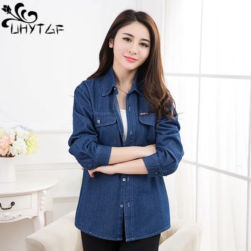 

UHYTGF Blouse Women's 2023 Fashion Single-Breasted Washed Cotton Denim Jacket Female Casual Loose Spring Jeans Shirts Ladies 365