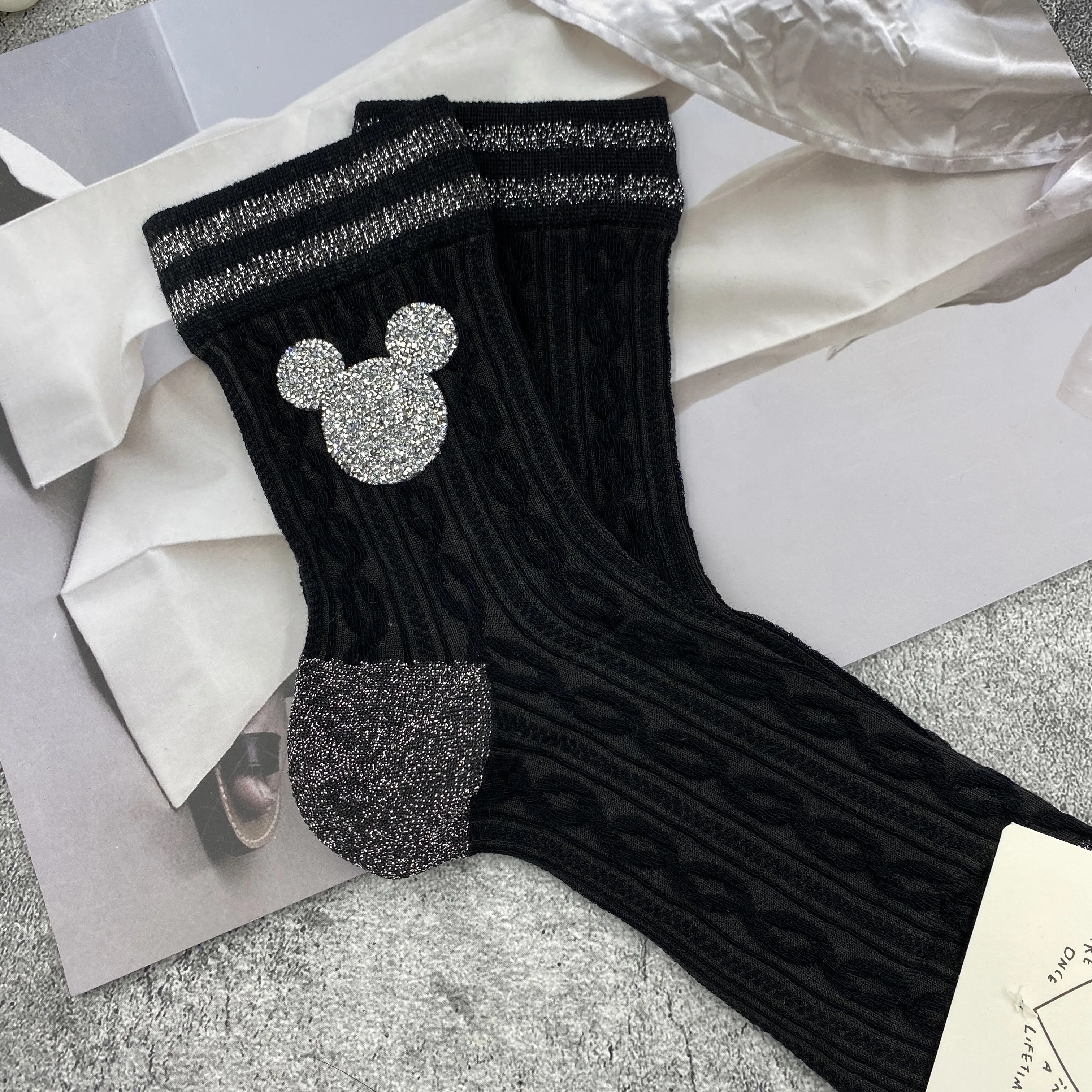 Bright Drill Silver Silk Striped Spring Summer Women Socks 2023 New All-match Net Red Casual Students Middle Tube Stockings