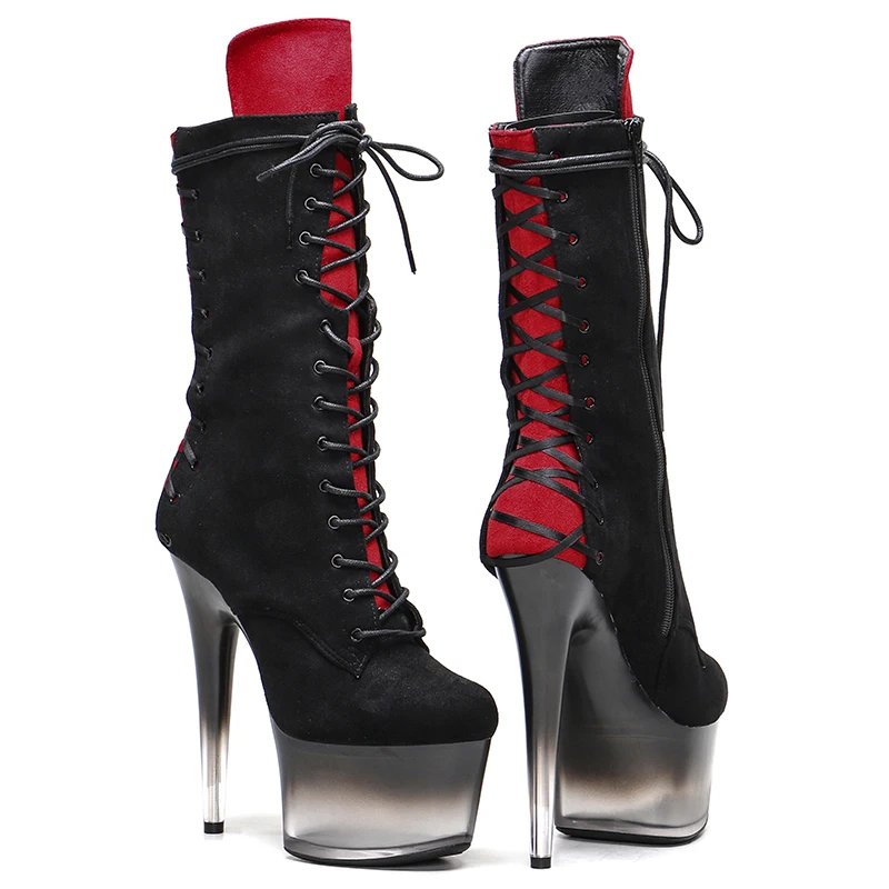 Leecabe  17CM/7inches Suede upper black with red color   fashion   Dancing Party High Heel platform Pole Dance boot