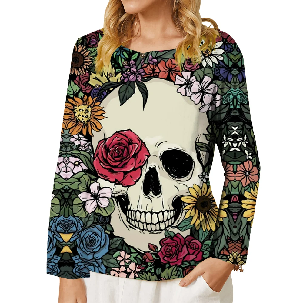 

Женская футболка CLOOCL с цветочным принтом и черепом, футболка с 3D-принтом, украшенная пуговицами, топы с длинным рукавом, футболка оверсайз, ж...