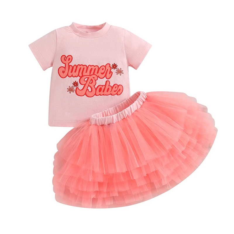 

Bmnmsl Kids Girls Skirt Set, Short Sleeve Crew Neck Letters Print T-shirt with Tulle Skirt Summer Outfit