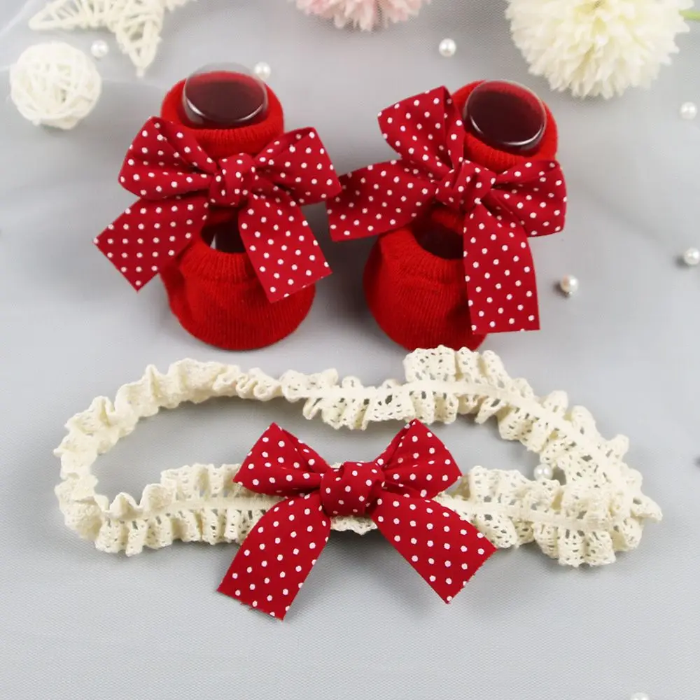 

Cotton Red Heart Bow Socks Socks Headband Set Toddler Floor Socks Newborn Baby Girl Socks Infant Anti Slip Socks