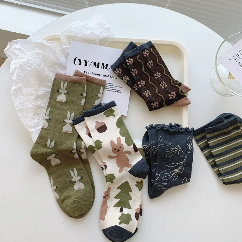 5 Pairs/Lot Women Long Socks Set Soft Combed Cotton Cute Socks Harajuku Japanese Korean Autumn Winter Cartoon Short Socks Sox