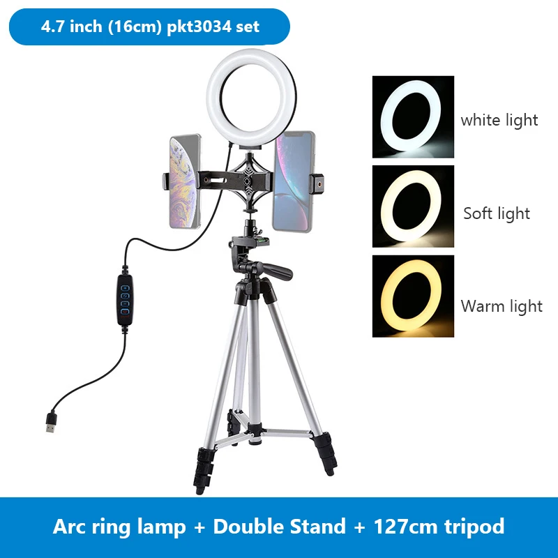 

Phone Tripod Stand Holder With LED Ring Light Three-color for Gopro iPhone Samsung Xiaomi Huawei Phone TikTok Live Tripode Par