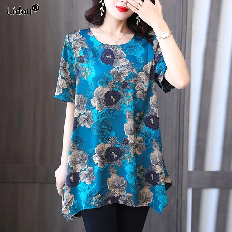 

Floral Pullovers Printing Loose Vintage Elegant T-Shirts Thin Spring Summer Casual Round Neck Women's Clothing Short Sleeve Tops