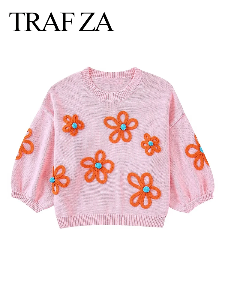 

TRAF ZA Elegant Women's Pullover Sweater Pink Sweet And Cute Applique Flower Puff Sleeves Chic Skin-Friendly Short Knit Top