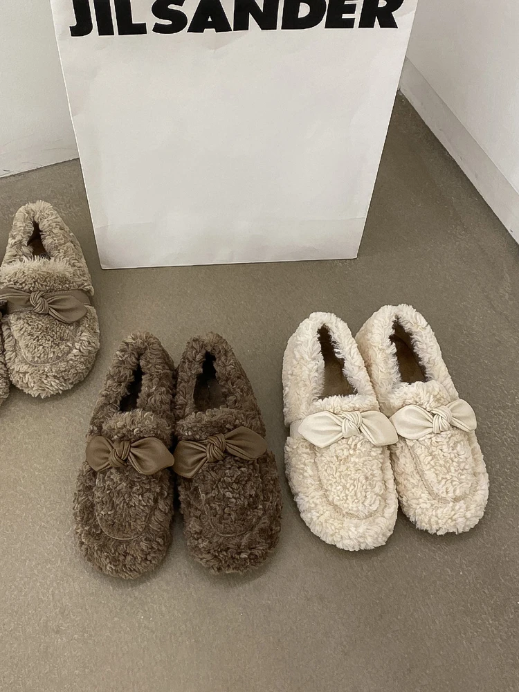 

Women's Shoes Cotton Shoes 2022 Winter New Flat Bow Plus Fleece Warm Flat Shoes