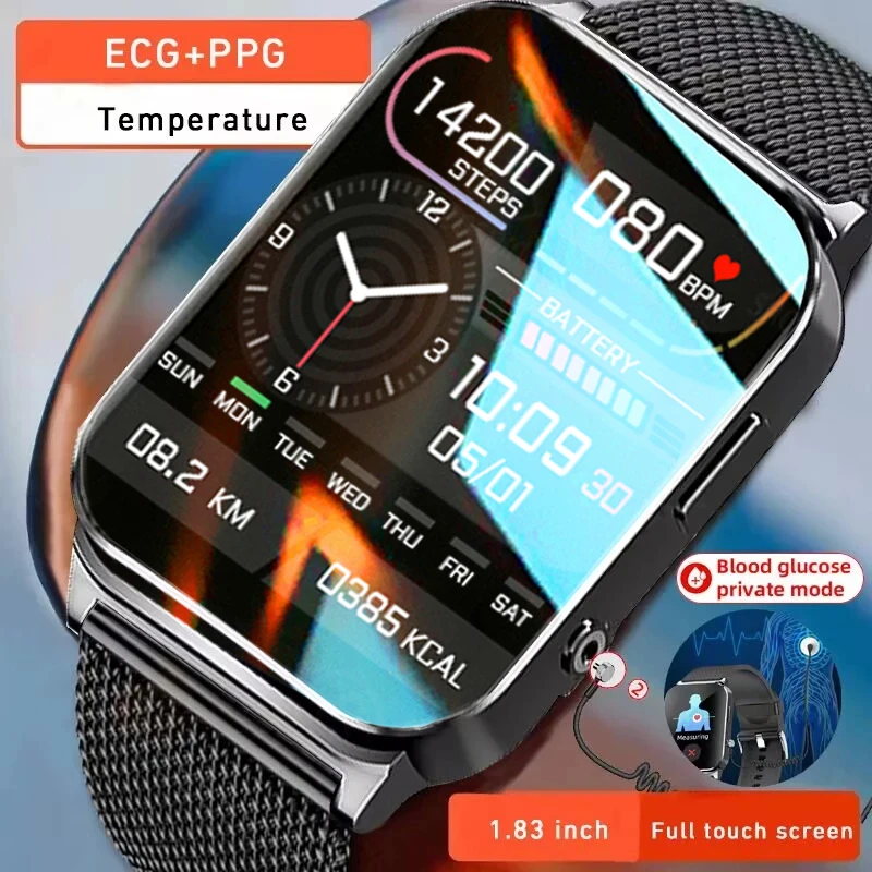 

Non-invasive Blood Glucose ECG+PTT Smart Watch Men 1.83"Screen Blood Pressure Oxygen Body Temperature Smartwatch Smart Bracelets