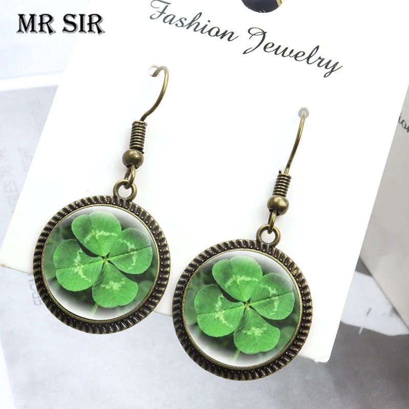 

Clover Drop Earrings Fashion Four Leaf Clover Creative Print Glass Cabochon Long Dangle Earrings Women Girls Lucky Jewelry Gifts