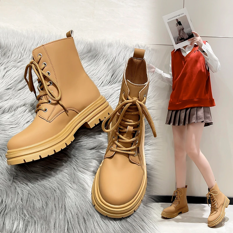 

Female Cow Leather 2022 Fall New British Style Retro Round Toe Casual Trend Thick-soled Thick Heel Women Boots Platform Shoes