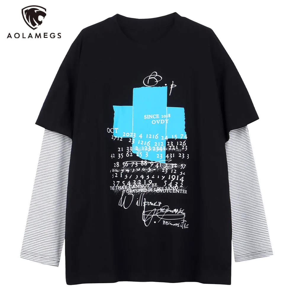 

Streetwear Men Long Sleeve Tshirts False Two Splicing Tshirt Gothic Numbers Swirl Graphics High Street Tees Casual Harajuku Tops