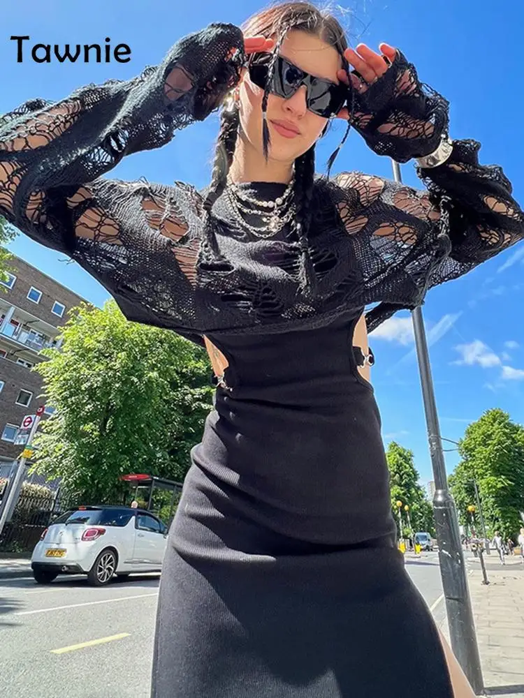 

Tawnie 2022 Y2K Hollow Out Cropped Knit Smock Top Women Fairycore Loose Pullovers Chic Oversized Vintage Tops Grunge Clothes