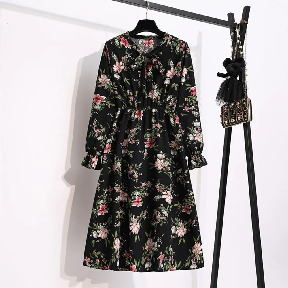 

Women Chiffon Printed Dress Three Quarter Sleeve Waist Clothing Loose Bohemia Dress Elegant Slim Waist Lace-up Bow A Line Dress