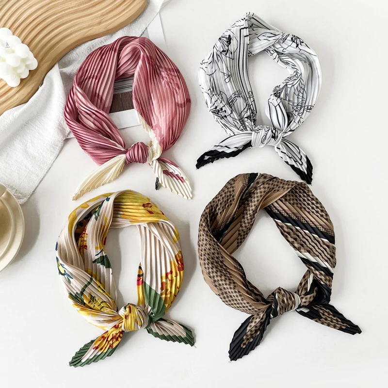 Top Quality Korean Imitation Silk Small Square Scarf For Ladies Chic Variety Neck Pleated Fashion Women Scarves