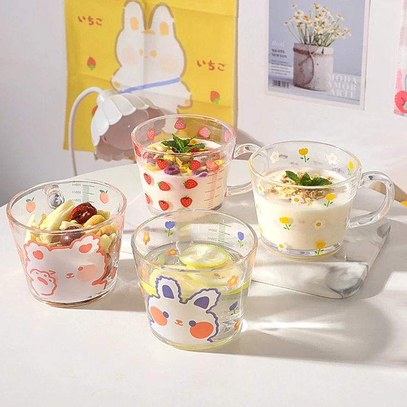 

New Bear Strawberry Glass Cup with Lid for Coffee Milk Wine Tea Korean Drinking Glasses Cute Peach Mugs Juice Breakfast Cups