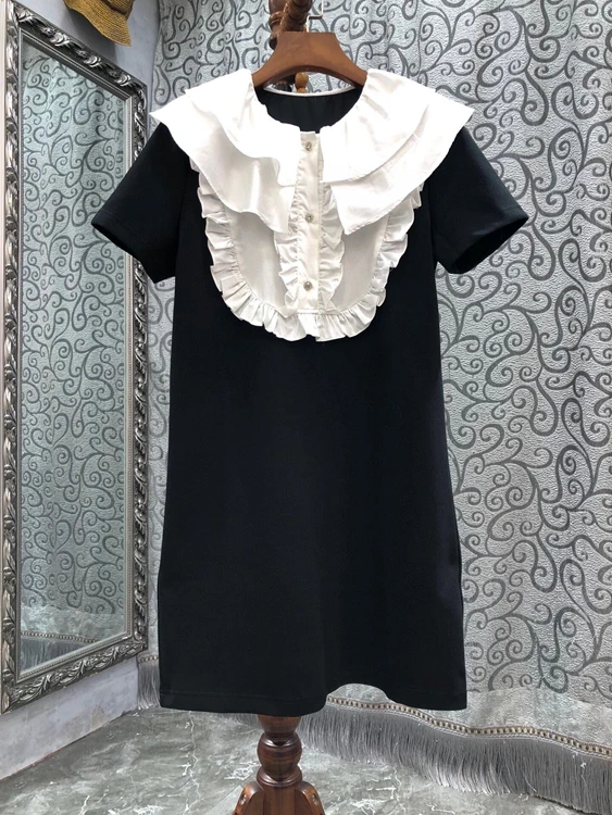 

Новинка 2022, женское модное Кружевное облегающее платье черного и белого цветов с кукольным воротником и коротким рукавом, 517