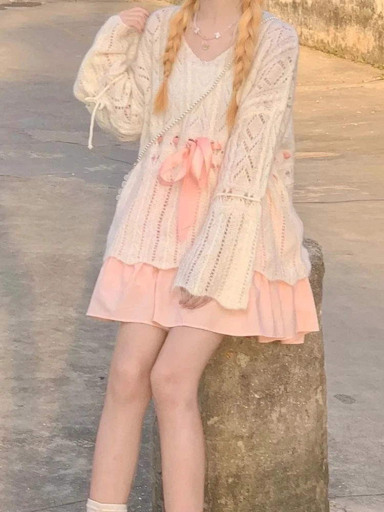 

Japanese Sweet Lolita Girl Pullover Sweater Pink Gentle Woman Knitted Hollow Soft Sister Autumn Harajuku Bowknot Bandage Sweater