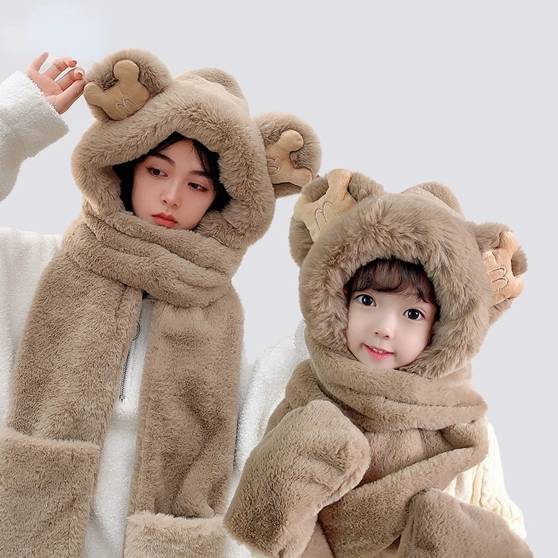 

Cute Plush Bear Ear Scarf Hats Fashion Winter Women Bear Ear Beanies Hat Warm Solid Parent-child Bonnet Present for Girls Kids
