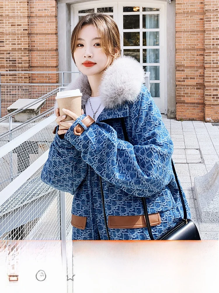 Джинсовое пальто с цветочным принтом женская зимняя утолщенная куртка Parker на