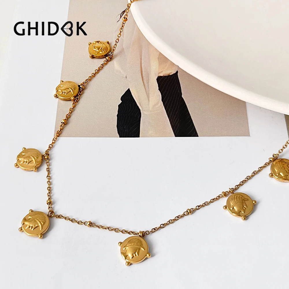 

Ghidbk Vintage Gold Roman Coins Charm Choker Necklace for Women Boho Gipsy Stainless Steel Portrait Necklaces Runway Jewelry