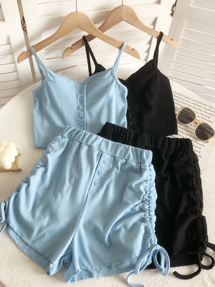 

Summer Women's Set Casual Solid Short Camisole Drawstring Wide-leg Shorts Sets Brief Ruffles Hem Two-piece Ladies Vacation Suits