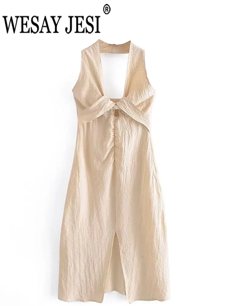 

WESAY JESI ТРАПЕЦИЕВИДНОЕ ПЛАТЬЕ С Открытым воротником с лямкой на шее сексуальное элегантное женское платье с белым разрезом юбка до щиколотки...