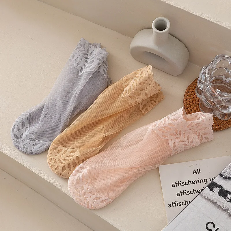 

Lace Kawaii Thin Woman Clothes Shallow Mouth Socks Women's Tide Harajuku Short Tube Mesh Crystal Personality Cotton Underwear