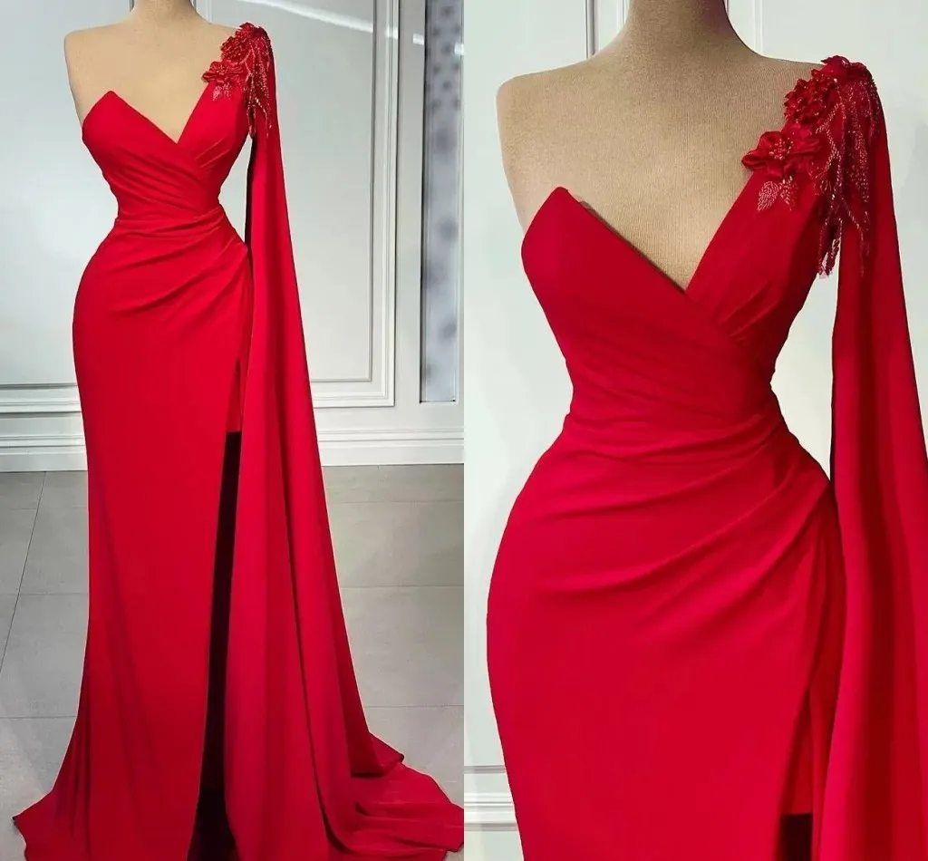

New Red Flowers Mermaid Prom Dress One Shoulder Long Sleeve Dubai Arabic Silt Woman's Evening Formal Gowns Robe De Soiree
