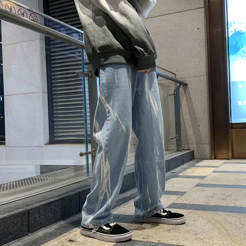 S-5XL Blue/Black Jeans Men's Fashion Retro Tie Dye Jeans Men Streetwear Loose Hip Hop Straight Denim Pants Mens Trousers