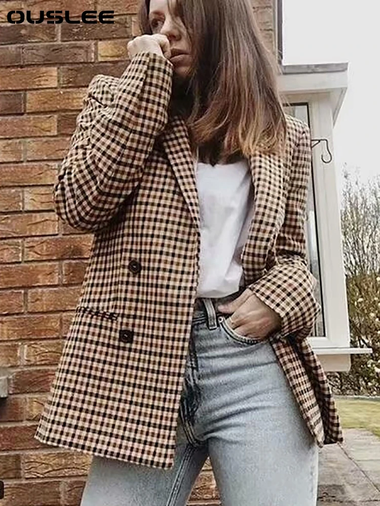 

OUSLEE Women Fashion Office Wear Double Breasted Check Blazers Coat Vintage Long Sleeve Pockets Female Outerwear Chic Jacket Top