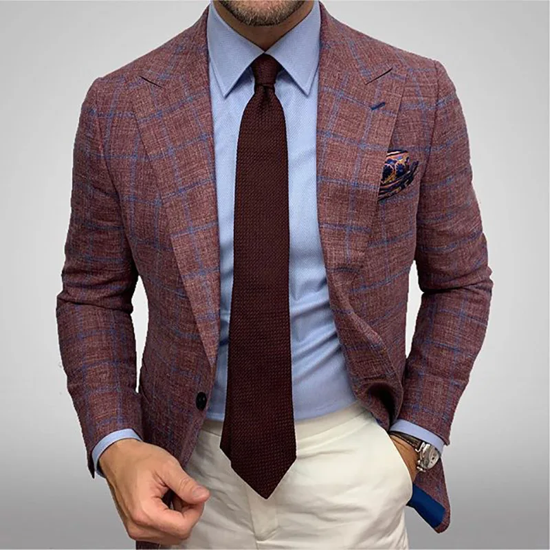 

Men Clothing 2021 New Men's Plaid Lapel Long-sleeved Suit Jacket European American Hot Style Male Business Suits