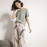 summer two pieces pajamas set women comfortable cotton viscose pajamas short sleeve tops with long trousers ladies sexy lingerie