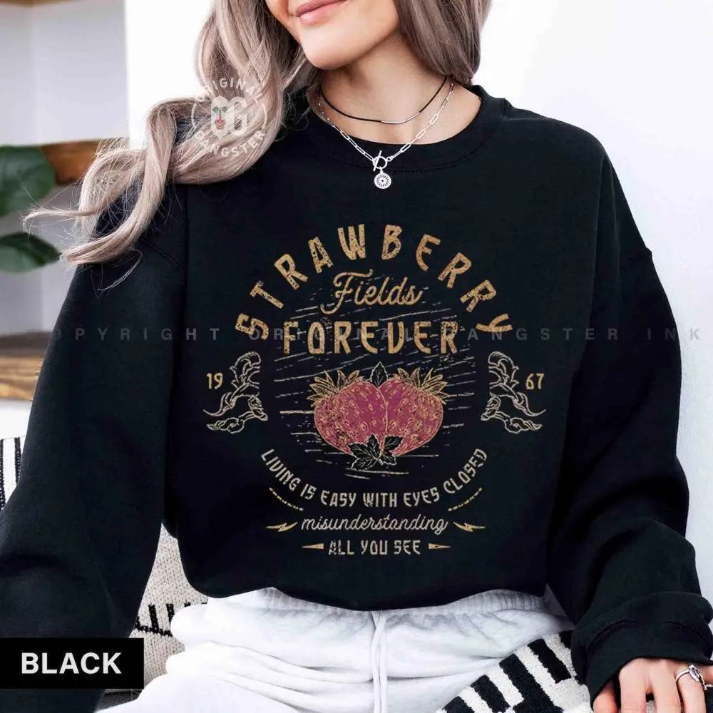 Retro Old School Band Tees Beatle Strawberry Fields Rock Casual Unisex Y2K Pullovers Funny Fleece Sweatshirt Streetwear