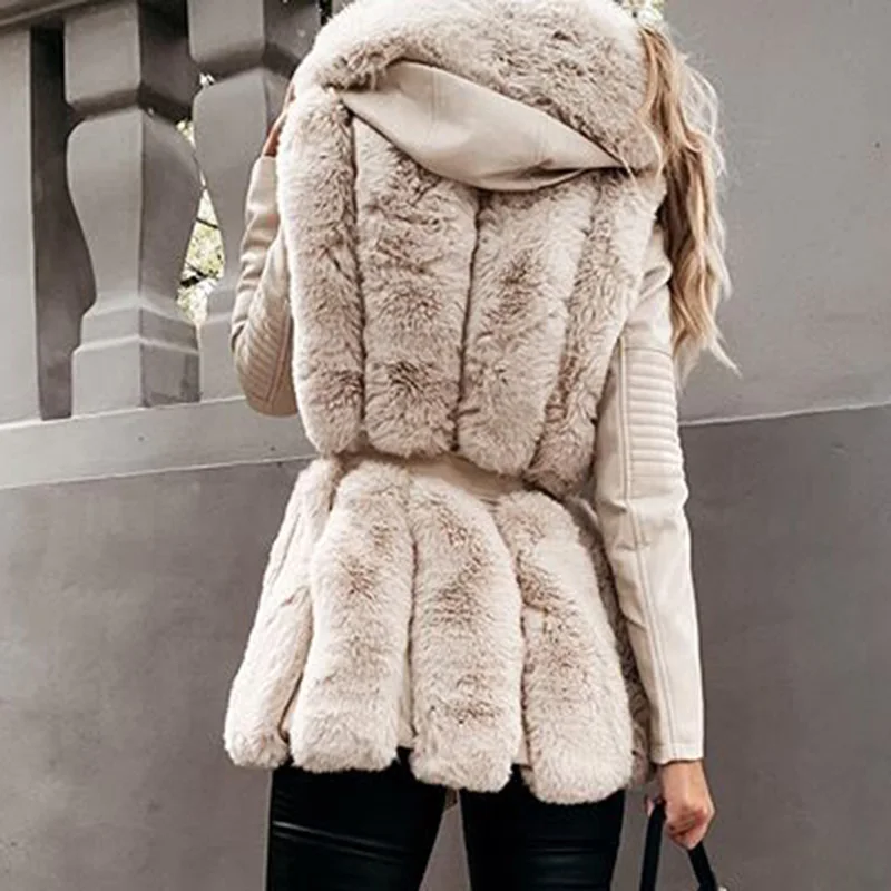 Winter Warm Rabbit Faux Fur Coats Women Fashion Slim Hooded Jackets Women Elegant Tie Belt Leather Fur Coats Parkas Female