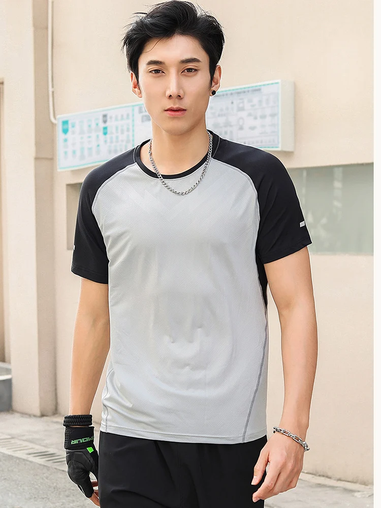 Fashion Summer Sports T-shirt Mens Short Loose Patchwork Casual Collision Colour Breathable Quick Dry Running Fitness Sportswear