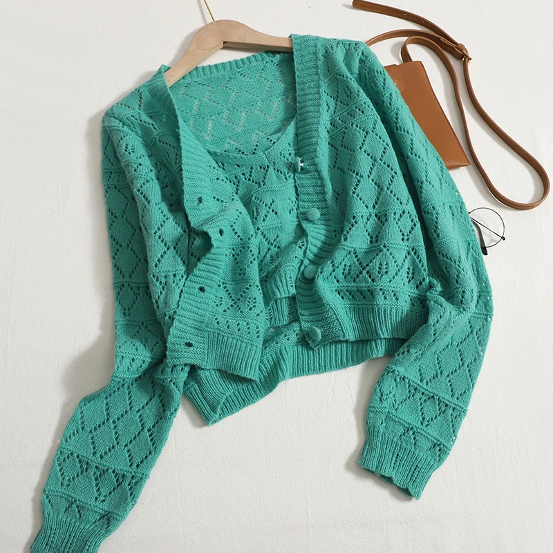 

Cardigans sets Korean Autumn New Hollowed Out Knitted Sunscreen Cardigan with Short Design Suspenders women Two-piece Tops
