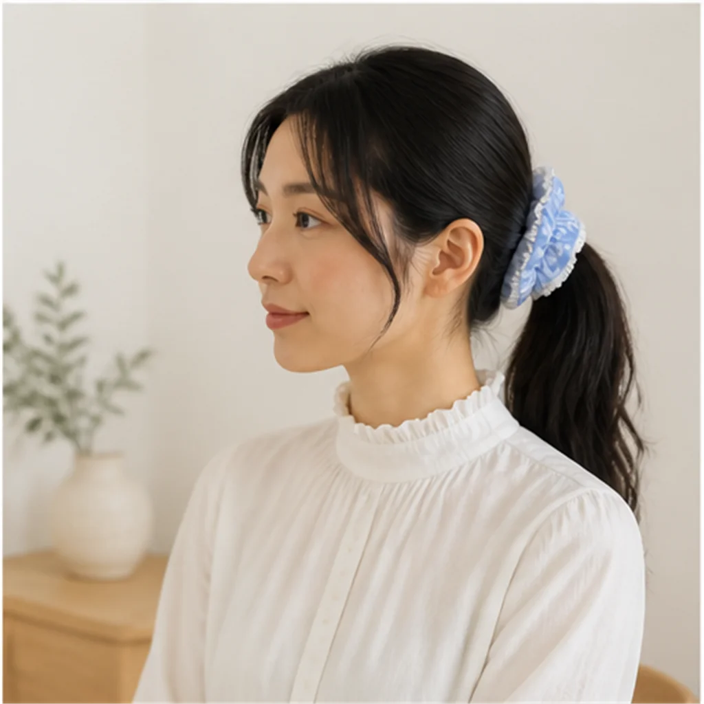 Фото Резинка для волос ручной работы Jeju Sea Breeze Blue Floral, большая, объемная, для хвоста, модный аксессуар для волос №5