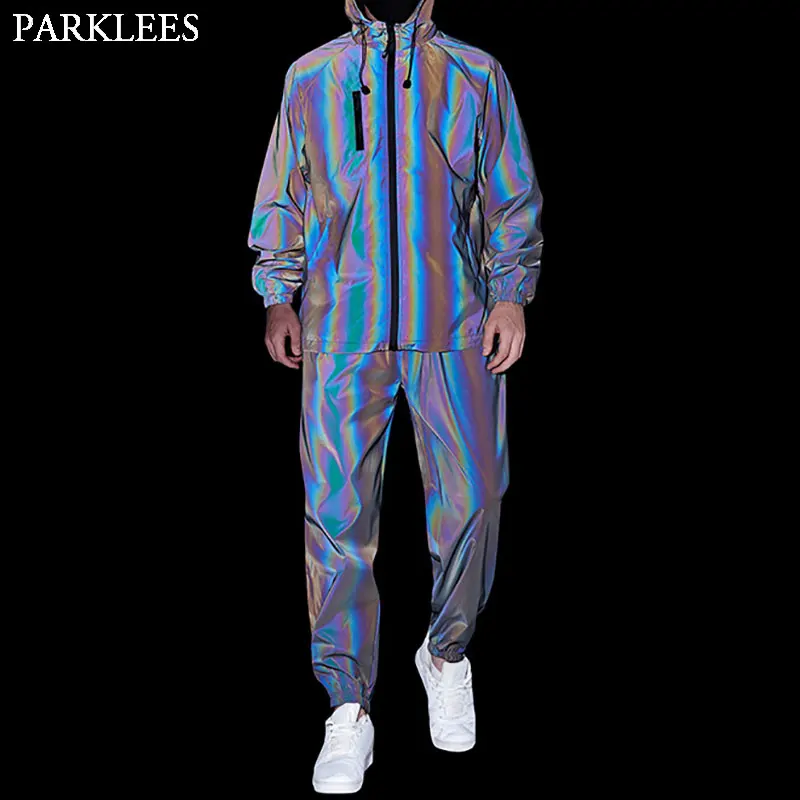 Colorful Reflective 2pcs Tracksuits Men Fluorescent Zipper Jackets with Sweatpants Mens Night Running Conjuntos de Chaqueta 3XL