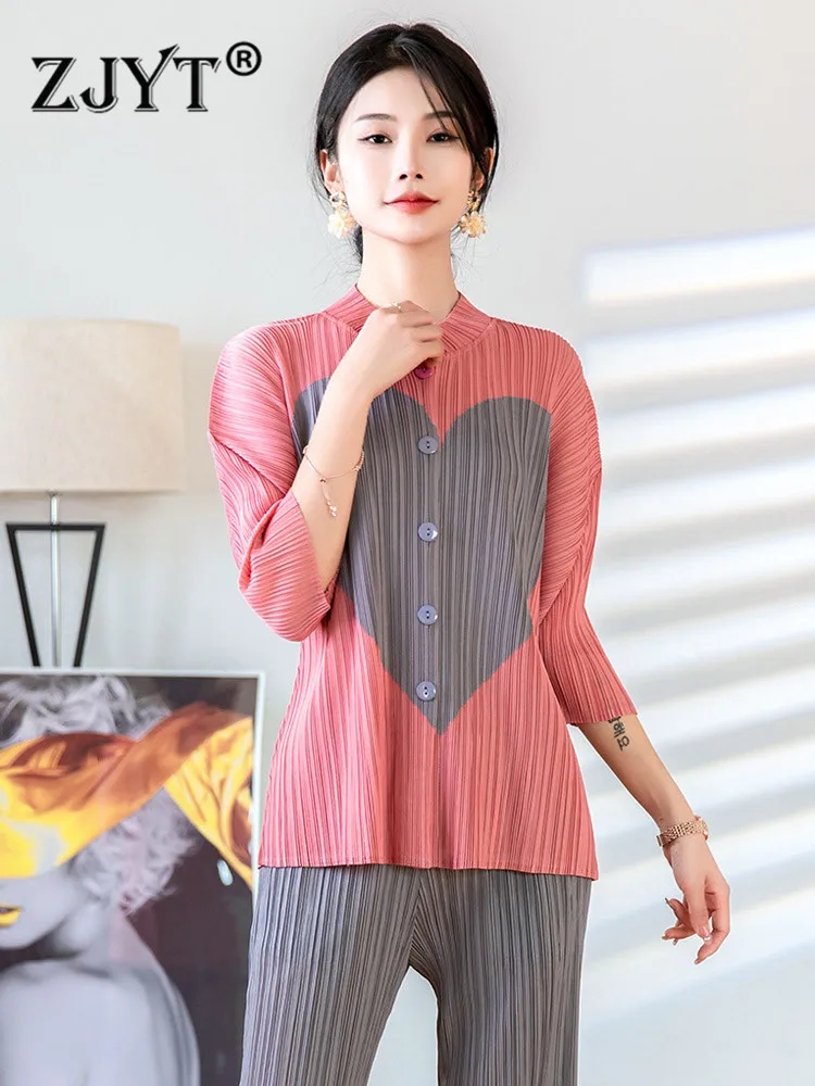 

Дизайнерская модная плиссированная блузка ZJYT с рисунком сердца, новинка весны 2022, повседневные женские рубашки с воротником-стойкой и рука...