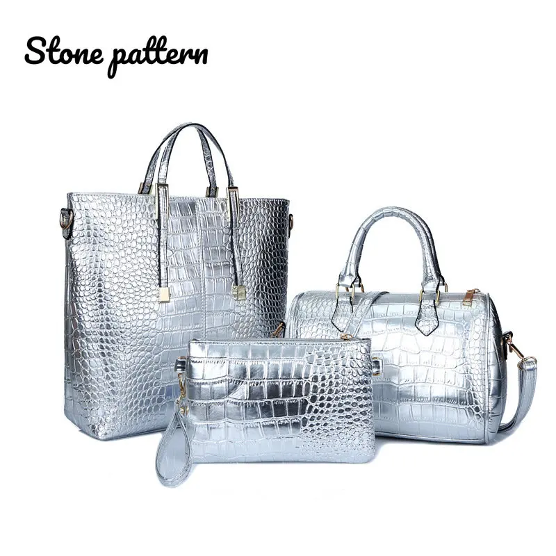 Amberler Fashion PU Leather Women Handbags Luxury Designer Crocodile Pattern 3 Pieces Sets Shoulder Bag High Quality Tote Bags