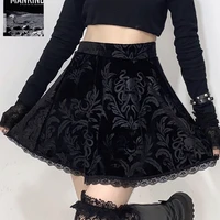 qiukichonson gothic lolita black skirt women 2022 spring summer high waisted short crochet lace velvet skirts mini tutu femme