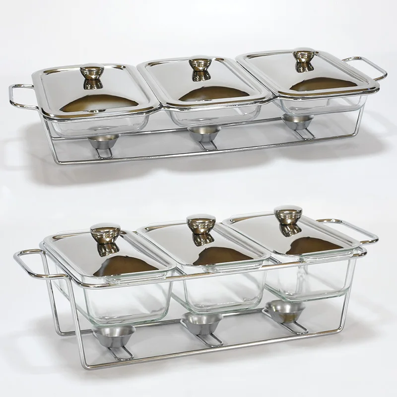 

Multi-style and multi-standard 1.5L glass food warm buffet stove luxury 3connections chafing dish