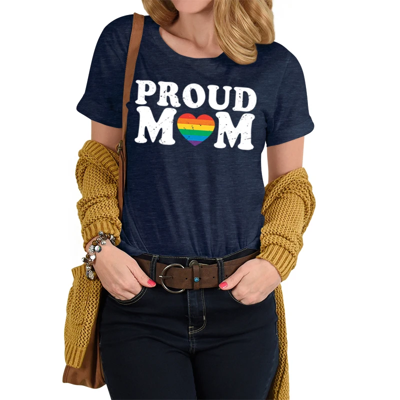 

Proud Mom Letter Print Women Tshirts Tops Casual Funny T Shirt Rainbow Heart Clothes for Lady Yong Girl Top Pride Tee Hipster