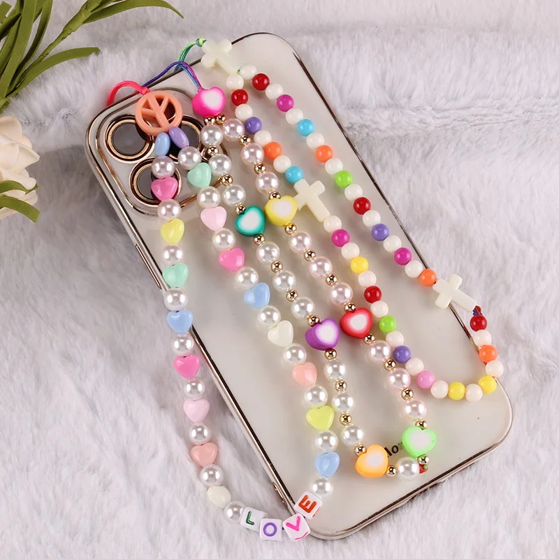 Acrylic ladies jewelry ethnic style diy color soft pottery imitation pearl acrylic geometric beaded mobile phone chain