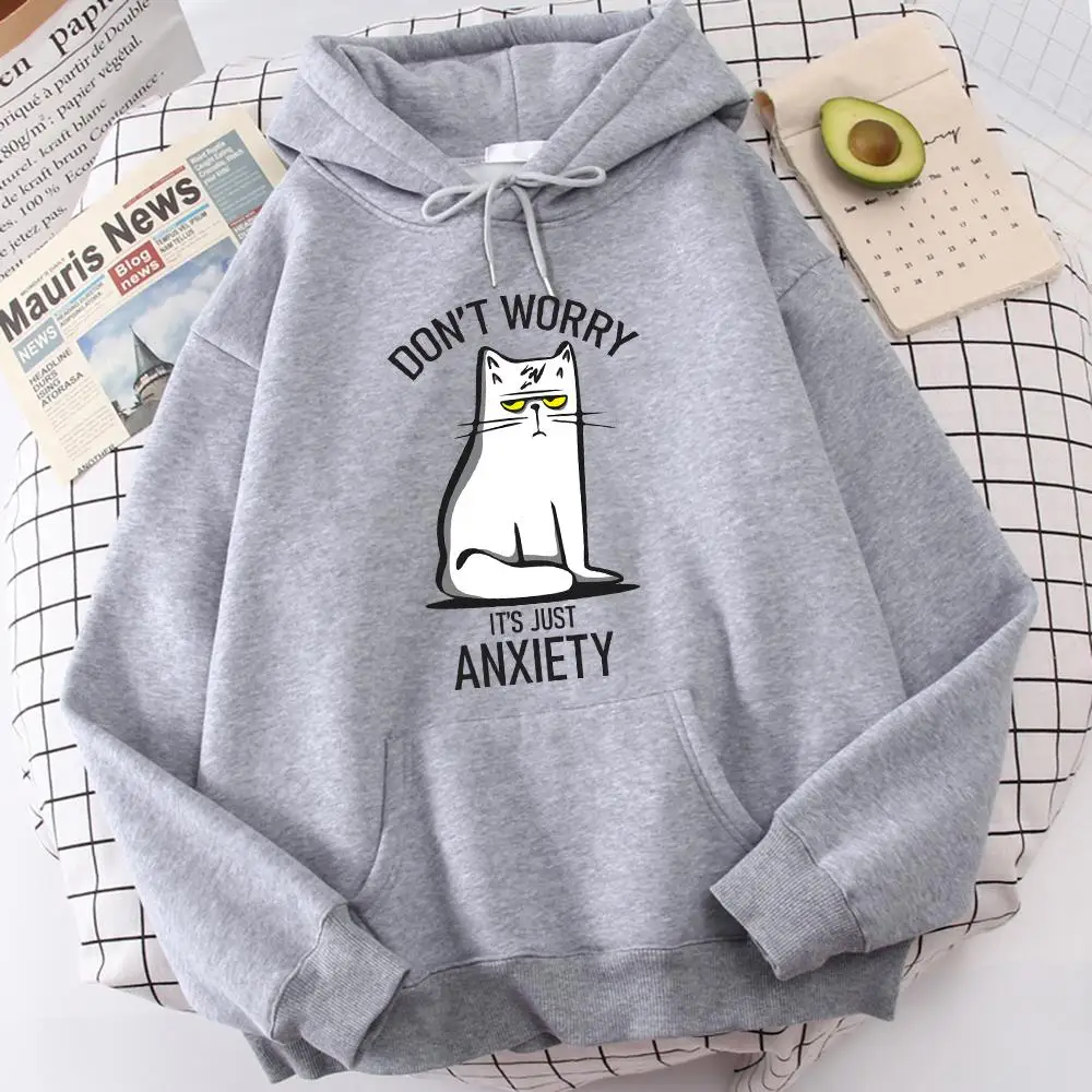 

Don't Worry It's Just Anxiety Funny Cat Hoodie Hip Hop Men's Pullovers Loose Long Sleeves Sweatshirts Autumn Fashion Man Hooded