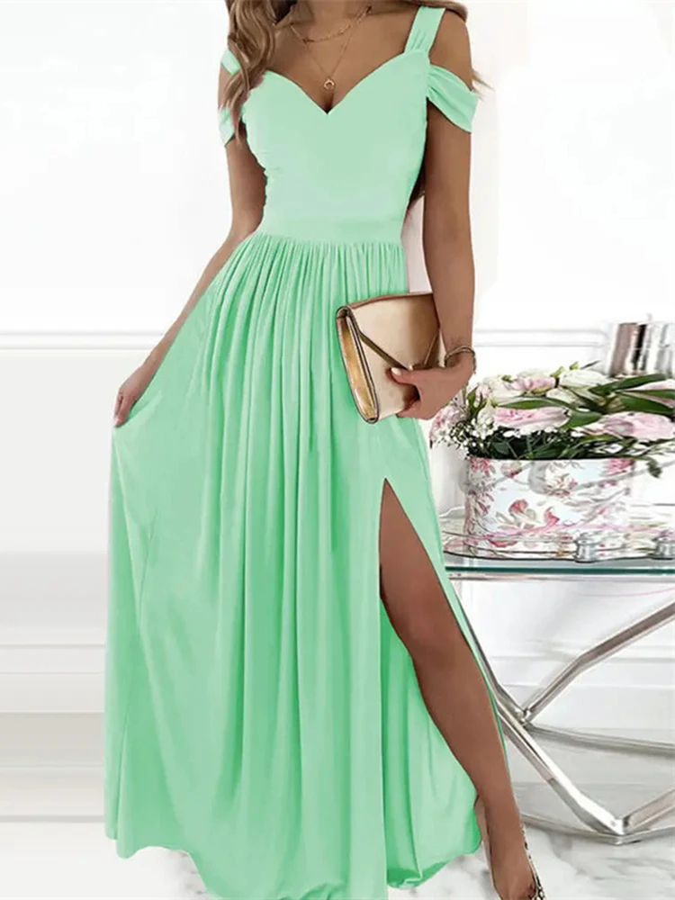 

Women Summer Sleeveless Draped Lady Party Dress Spring One Shoulder High Slit Maxi DressSexy Skew Collar Hollow Out Long Dress