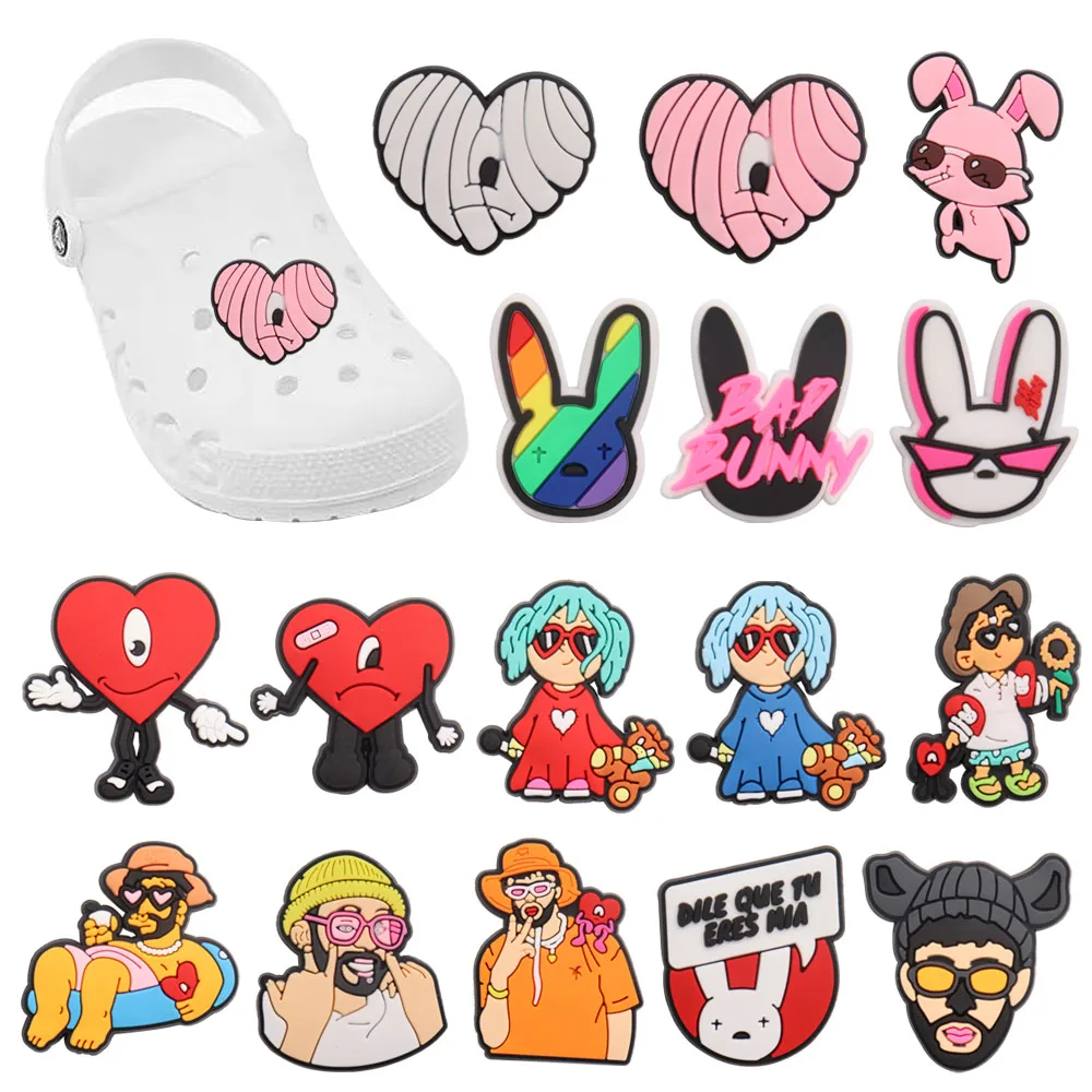 1-16Pcs PVC  Bunny Red Heart Man Sandals Shoe Charms Accessories Lovely Designer Decoration Fit Croc Jibz Birthday Gift