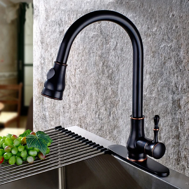 

kitchen Oil Rubbed Bronze Pull Out Spray Head basin Faucet Mixer Tap Swivel Spout Cold Hot Black Sink faucet Deck Plate Cover