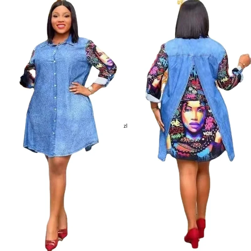 

Summer African Dresses for Women 2022 New Dashiki Denim Figure Print Patchwork Dress African Clothes Plus Size Casual Robe Femme